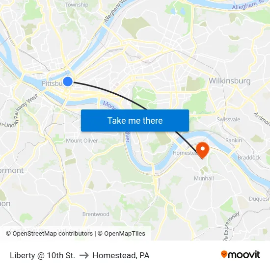 Liberty @ 10th St. to Homestead, PA map