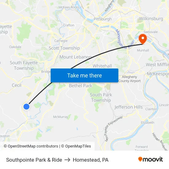 Southpointe Park & Ride to Homestead, PA map
