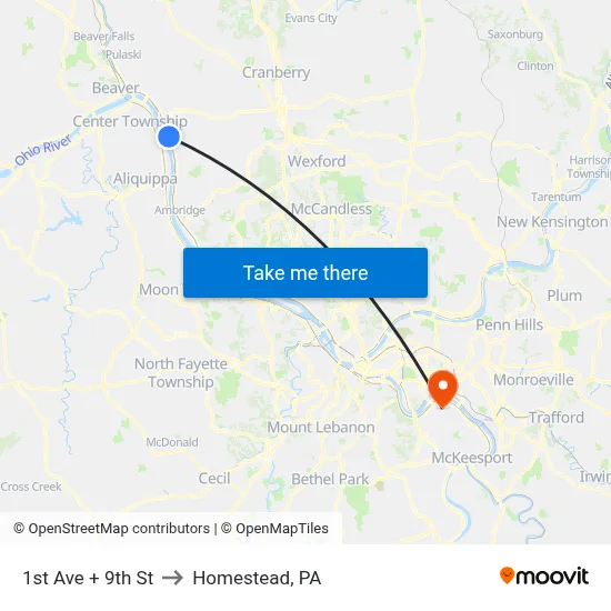 1st Ave + 9th St to Homestead, PA map