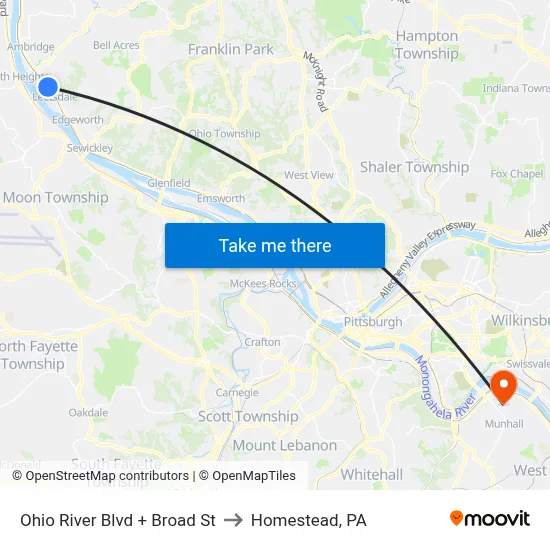 Ohio River Blvd + Broad St to Homestead, PA map