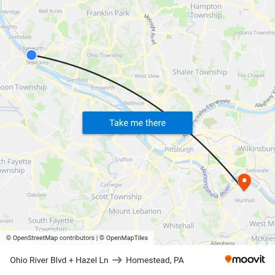 Ohio River Blvd + Hazel Ln to Homestead, PA map