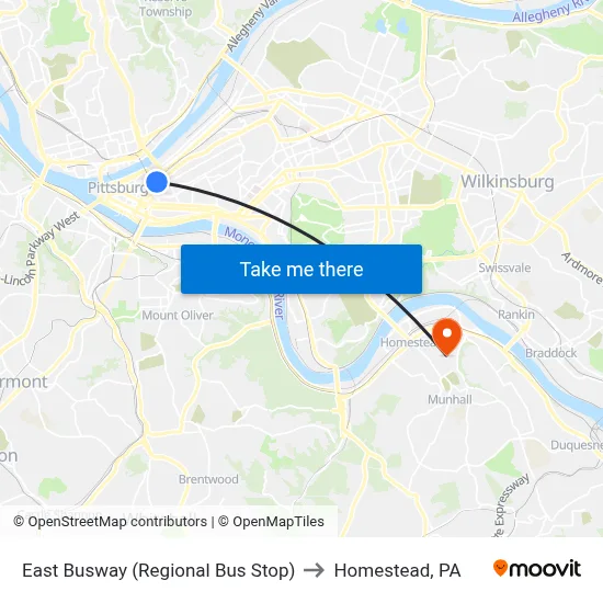 East Busway (Regional Bus Stop) to Homestead, PA map