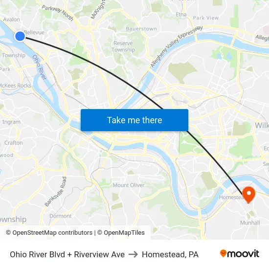 Ohio River Blvd + Riverview Ave to Homestead, PA map