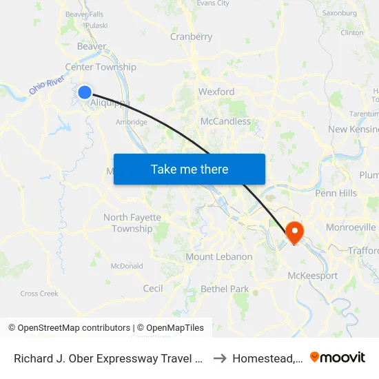 Richard J. Ober Expressway Travel Center to Homestead, PA map