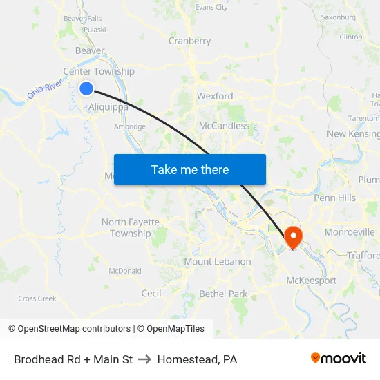 Brodhead Rd + Main St to Homestead, PA map