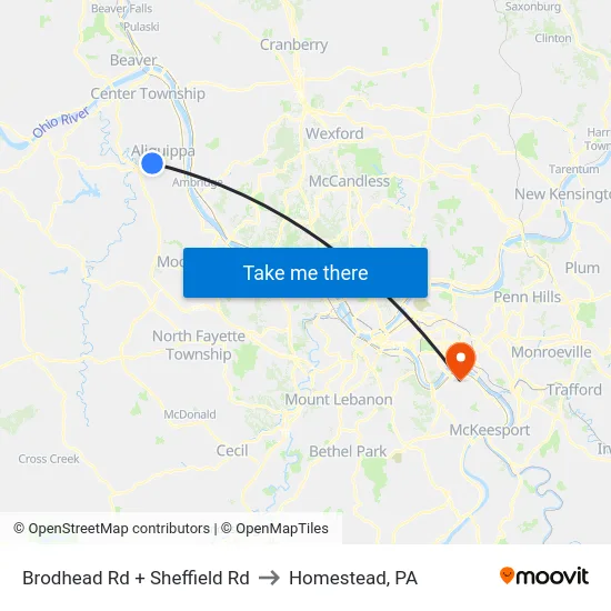 Brodhead Rd + Sheffield Rd to Homestead, PA map