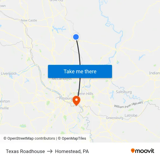 Texas Roadhouse to Homestead, PA map