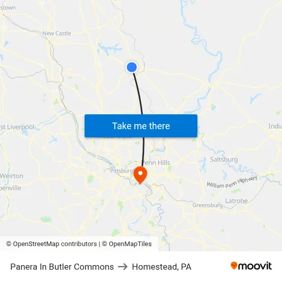 Panera In Butler Commons to Homestead, PA map