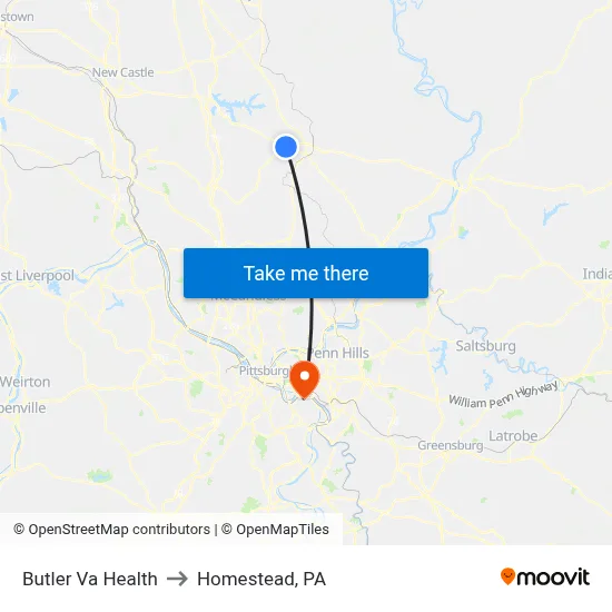 Butler Va Health to Homestead, PA map