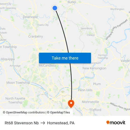 Rt68 Stevenson Nb to Homestead, PA map
