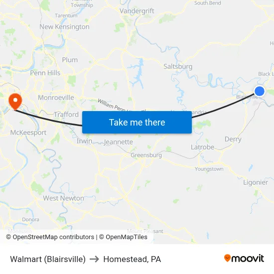 Walmart (Blairsville) to Homestead, PA map