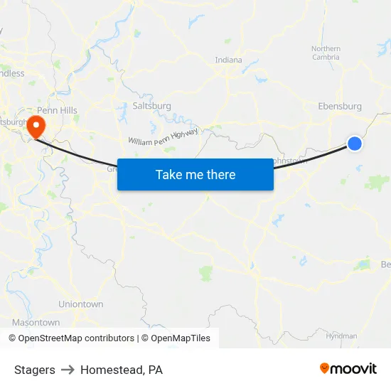 Stagers to Homestead, PA map