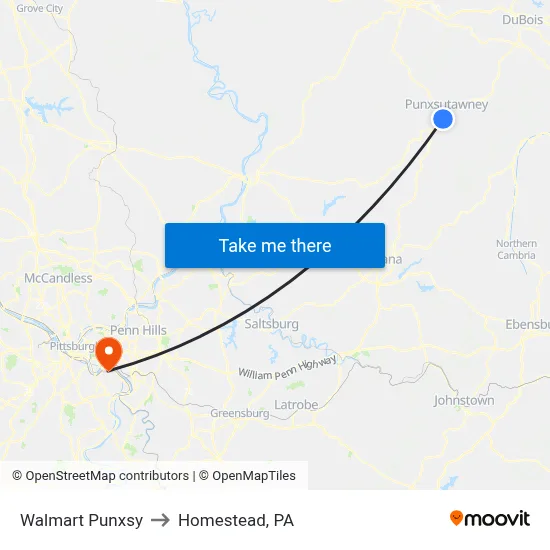 Walmart Punxsy to Homestead, PA map