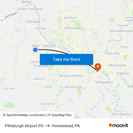 Pittsburgh Airport Pit to Homestead, PA map