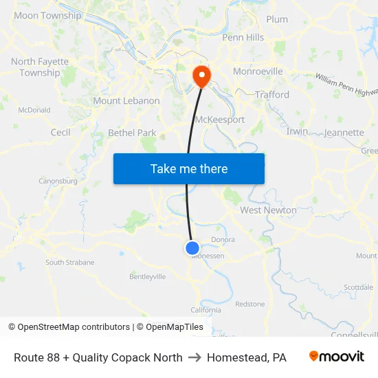 Route 88 + Quality Copack North to Homestead, PA map