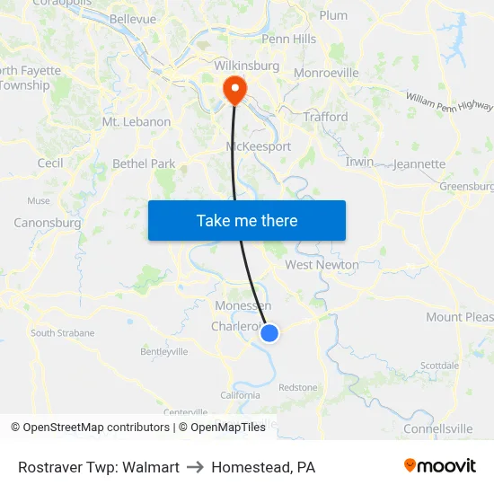 Rostraver Twp: Walmart to Homestead, PA map