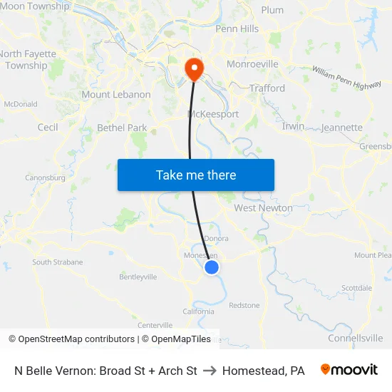 N Belle Vernon: Broad St + Arch St to Homestead, PA map