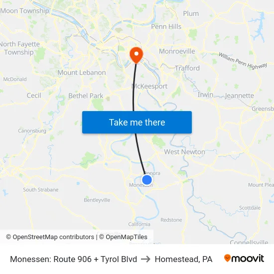 Monessen: Route 906 + Tyrol Blvd to Homestead, PA map