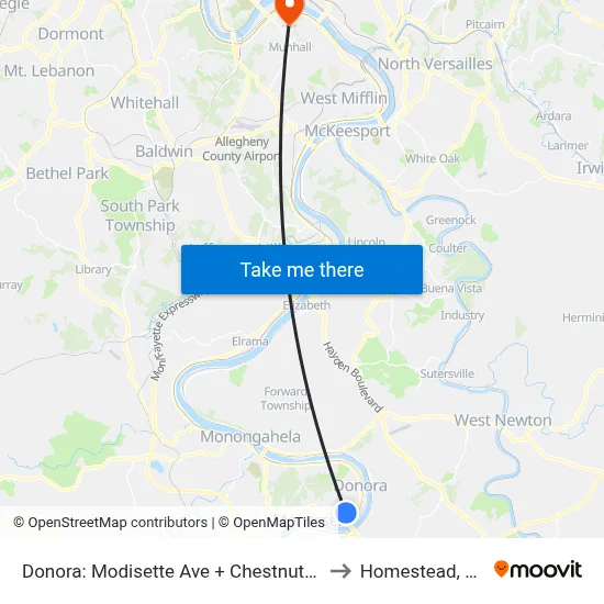 Donora: Modisette Ave + Chestnut St to Homestead, PA map