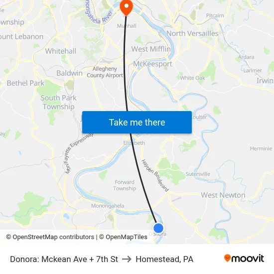 Donora: Mckean Ave + 7th St to Homestead, PA map