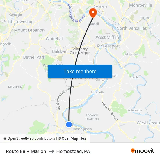 Route 88 + Marion to Homestead, PA map