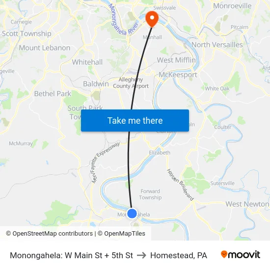 Monongahela: W Main St + 5th St to Homestead, PA map