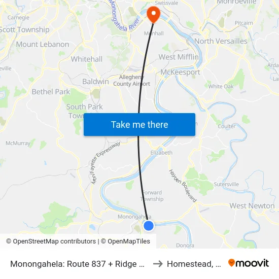 Monongahela: Route 837 + Ridge Ave to Homestead, PA map