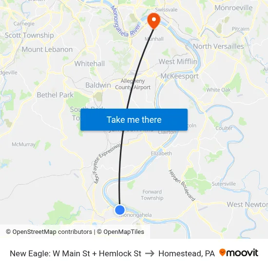 New Eagle: W Main St + Hemlock St to Homestead, PA map