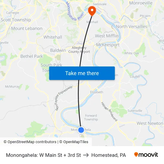 Monongahela: W Main St + 3rd St to Homestead, PA map