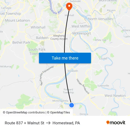 Route 837 + Walnut St to Homestead, PA map