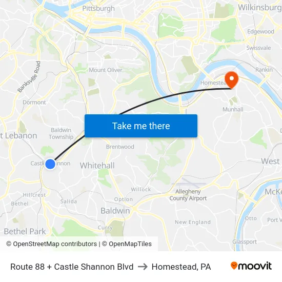 Route 88 + Castle Shannon Blvd to Homestead, PA map