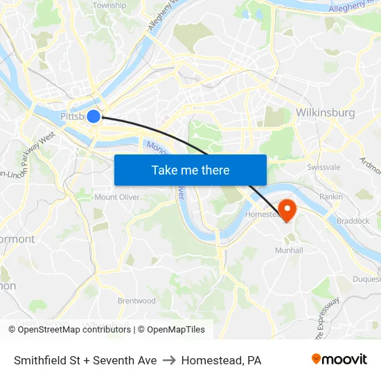 Smithfield St + Seventh Ave to Homestead, PA map