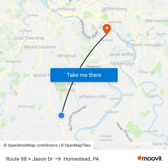 Route 88 + Jason Dr to Homestead, PA map