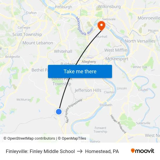 Finleyville: Finley Middle School to Homestead, PA map
