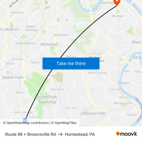 Route 88 + Brownsville Rd to Homestead, PA map