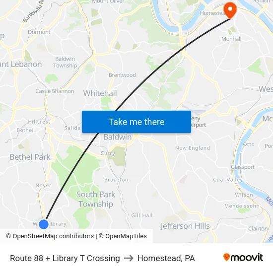 Route 88 + Library T Crossing to Homestead, PA map