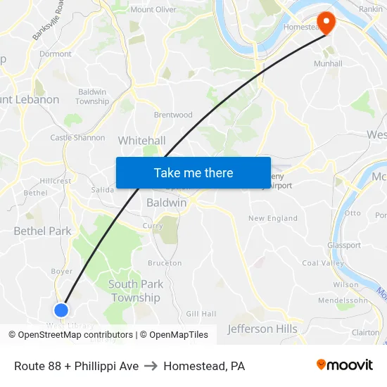 Route 88 + Phillippi Ave to Homestead, PA map