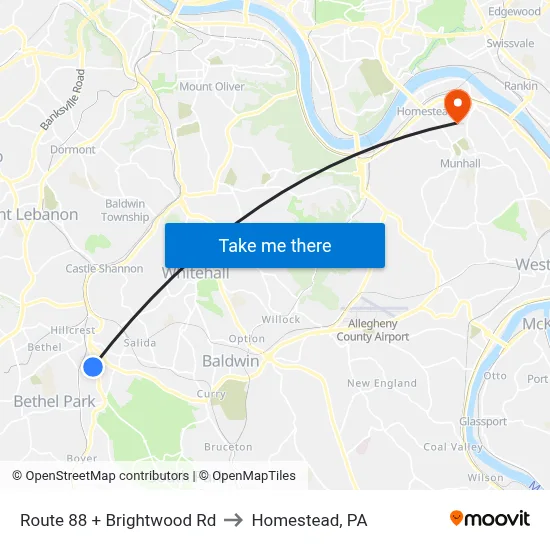 Route 88 + Brightwood Rd to Homestead, PA map