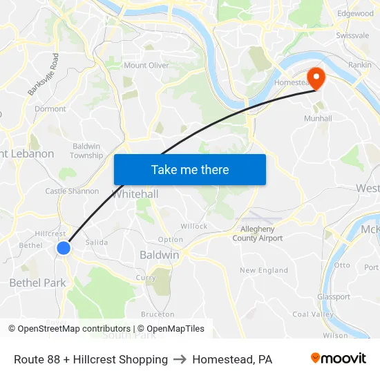 Route 88 + Hillcrest Shopping to Homestead, PA map