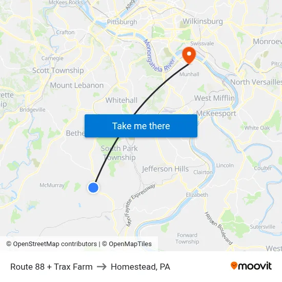 Route 88 + Trax Farm to Homestead, PA map