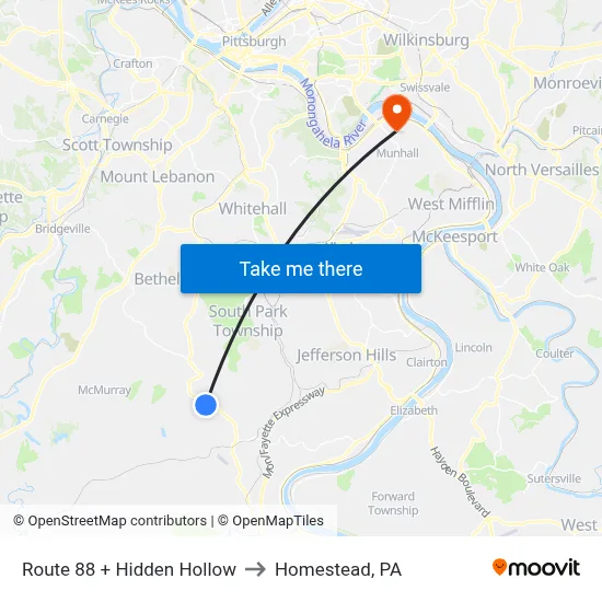 Route 88 + Hidden Hollow to Homestead, PA map