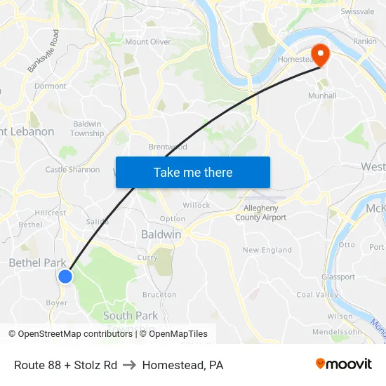 Route 88 + Stolz Rd to Homestead, PA map