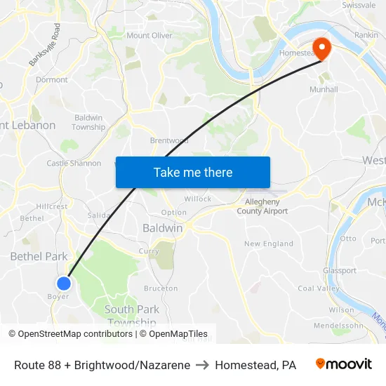 Route 88 + Brightwood/Nazarene to Homestead, PA map