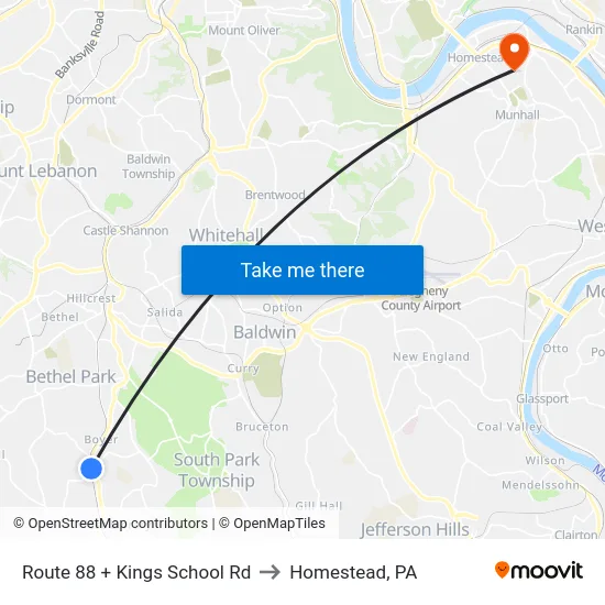 Route 88 + Kings School Rd to Homestead, PA map