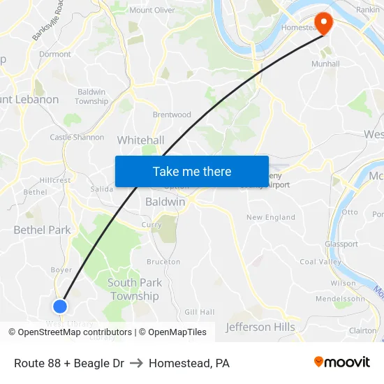 Route 88 + Beagle  Dr to Homestead, PA map
