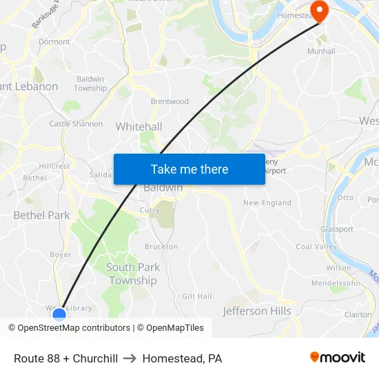 Route 88 + Churchill to Homestead, PA map
