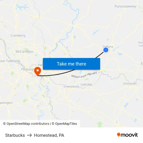 Starbucks to Homestead, PA map