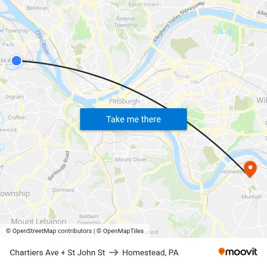 Chartiers Ave + St John St to Homestead, PA map