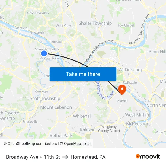 Broadway Ave + 11th St to Homestead, PA map