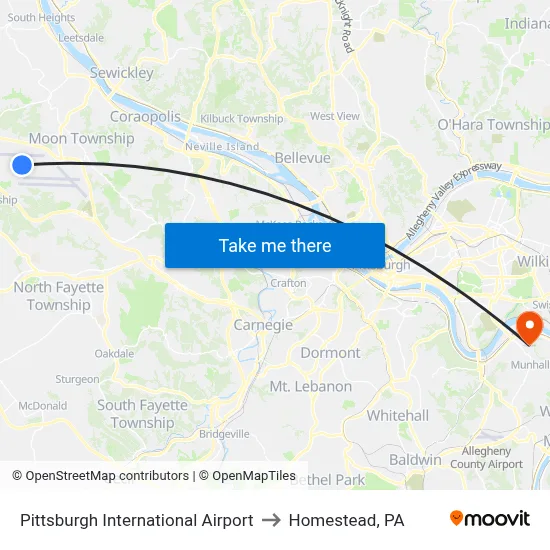 Pittsburgh International Airport to Homestead, PA map